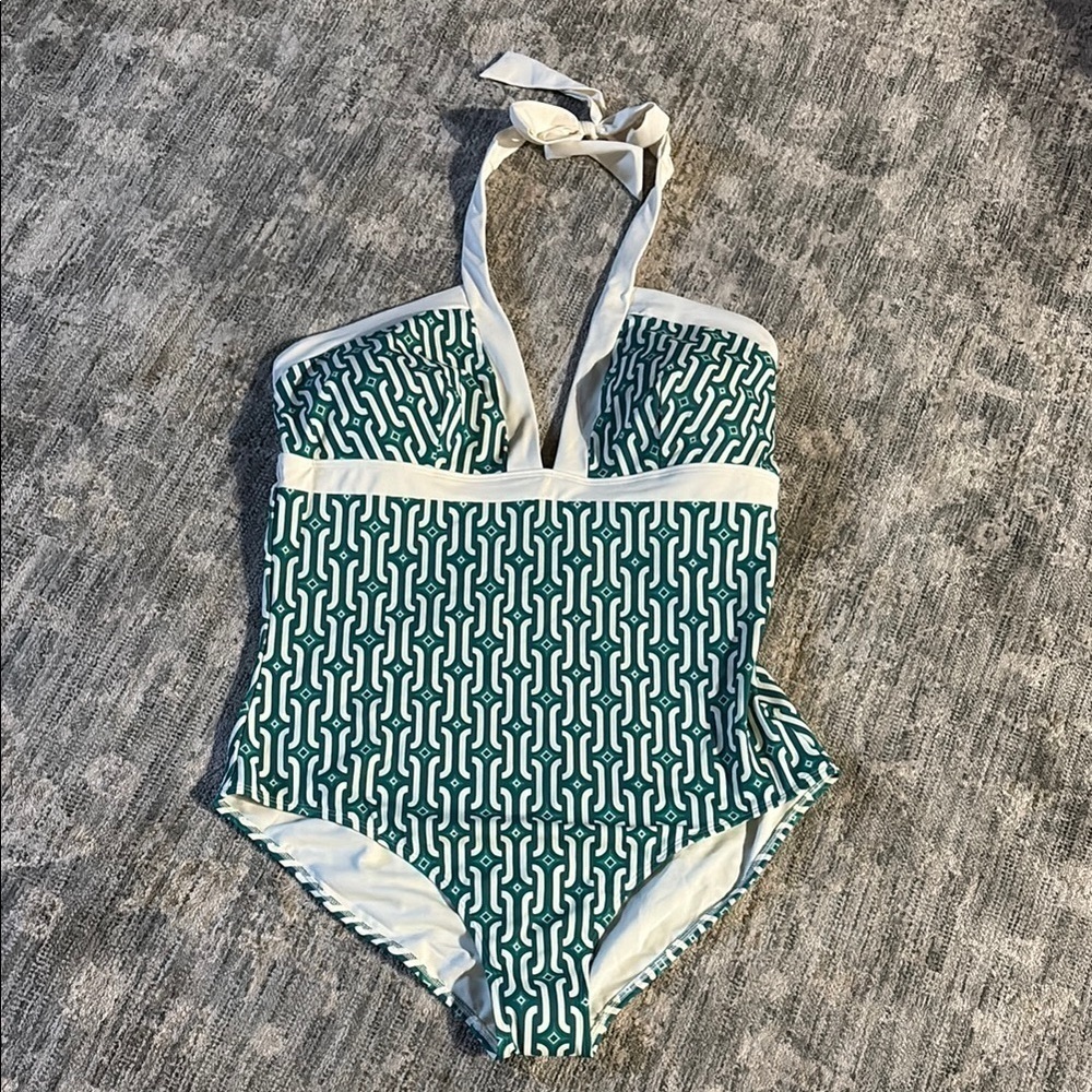 Boden NWT sz 20-22L Green and White One Piece Swimsuit with Halter Neck